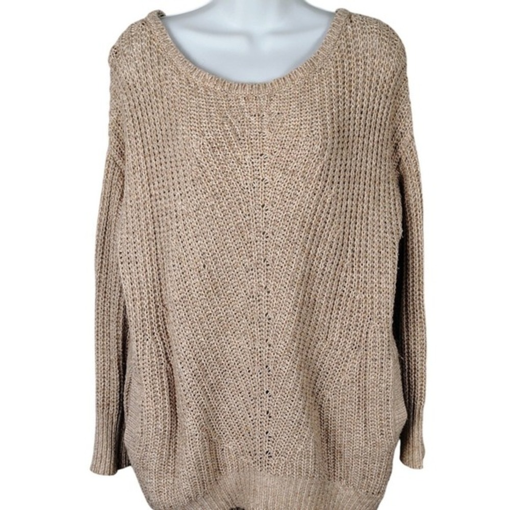 Victorias Secret Tan Open Knit Wool Alpaca Blend Tunic Sweater Pockets oversized